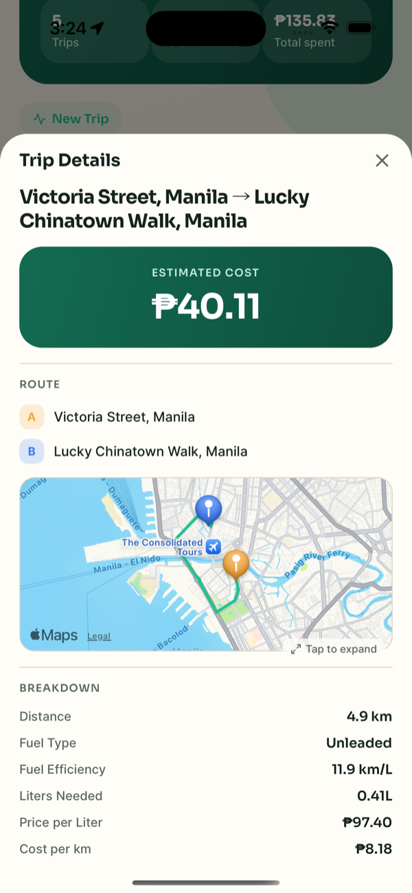Refilio trip details preview