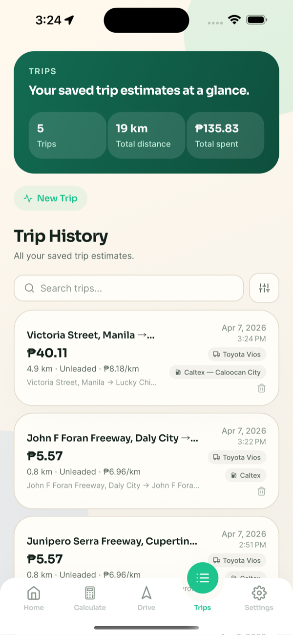 Refilio trip history preview